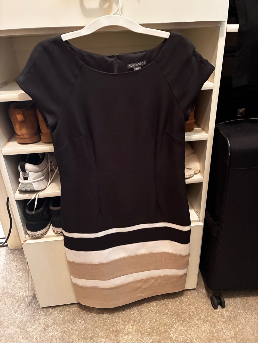 Nina Leonard Black Sheath Dress with Beige and White Stripes